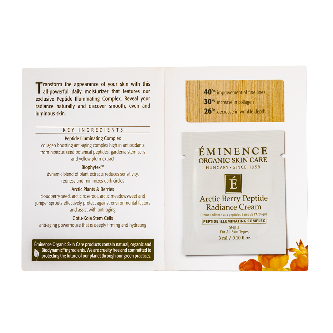 Eminence Organic Skin Care Arctic Berry Peptide Radiance Cream sample packaging with key ingredients list on a white background