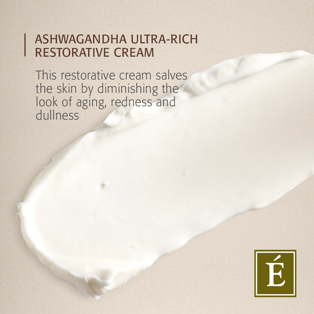 Eminence Organics Ashwagandha Ultra-Rich Restorative Cream swatch with information about the cream