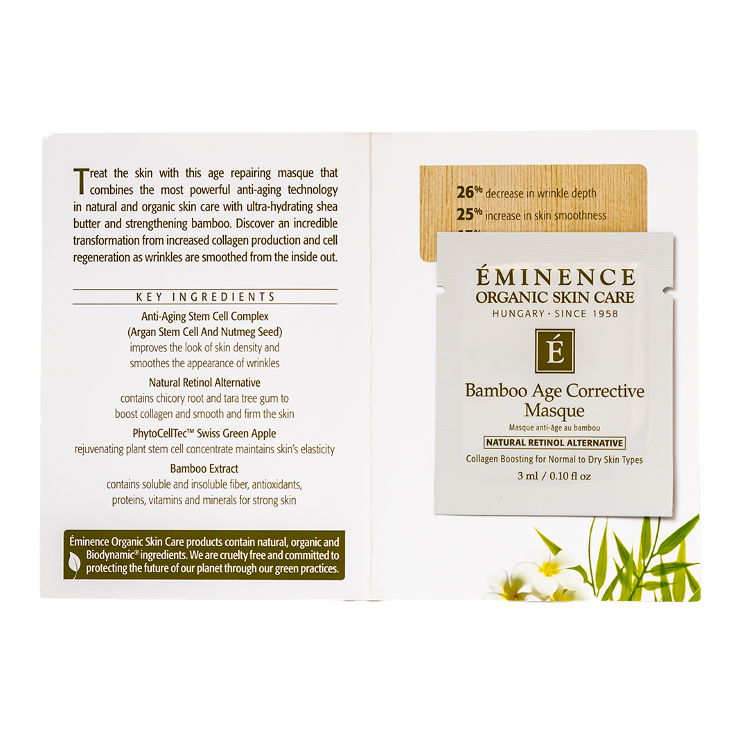 Eminence Organic Skin Care Bamboo Age Corrective Masque sample packaging with ingredients list on a white background
