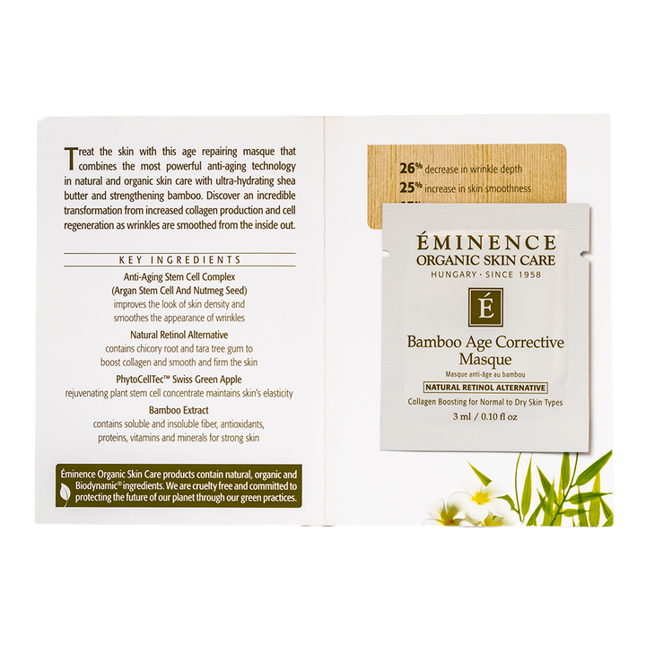 Eminence Organic Skin Care Bamboo Age Corrective Masque sample packaging with ingredients list on a white background