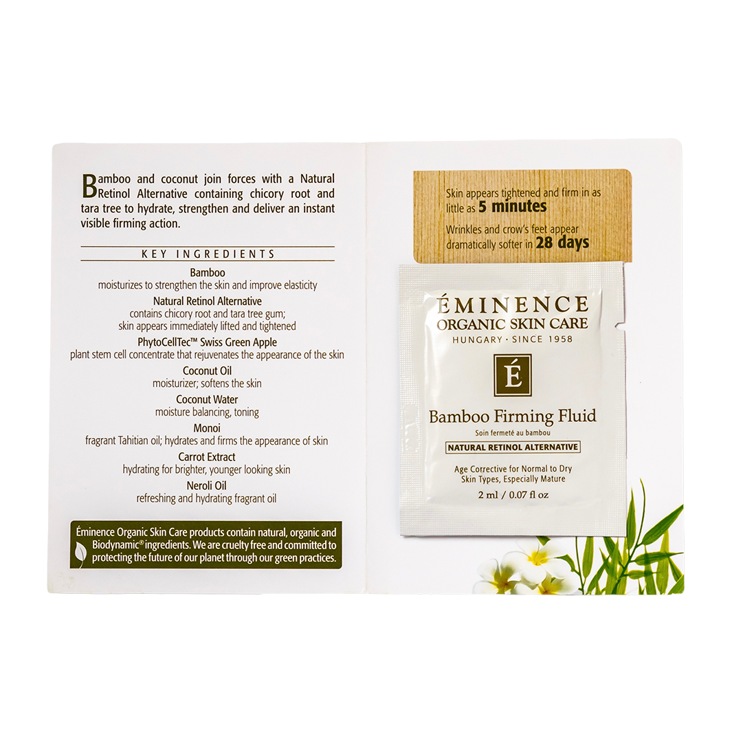 Eminence Organic Skin Care Bamboo Firming Fluid sample packaging with ingredients list on a white background