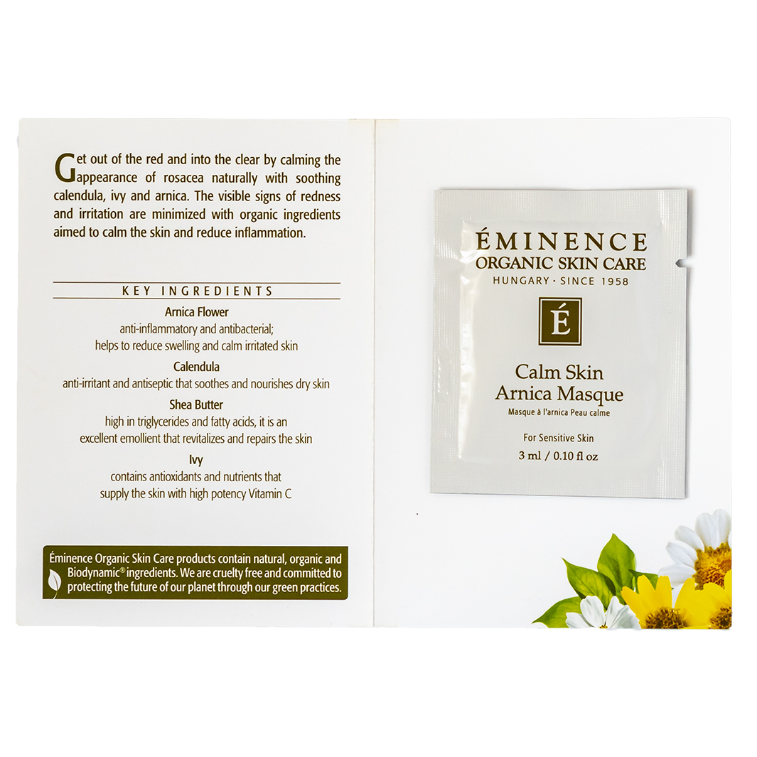 Eminence Organic Skin Care Calm Skin Arnica Masque sample packaging with ingredients list on a white background