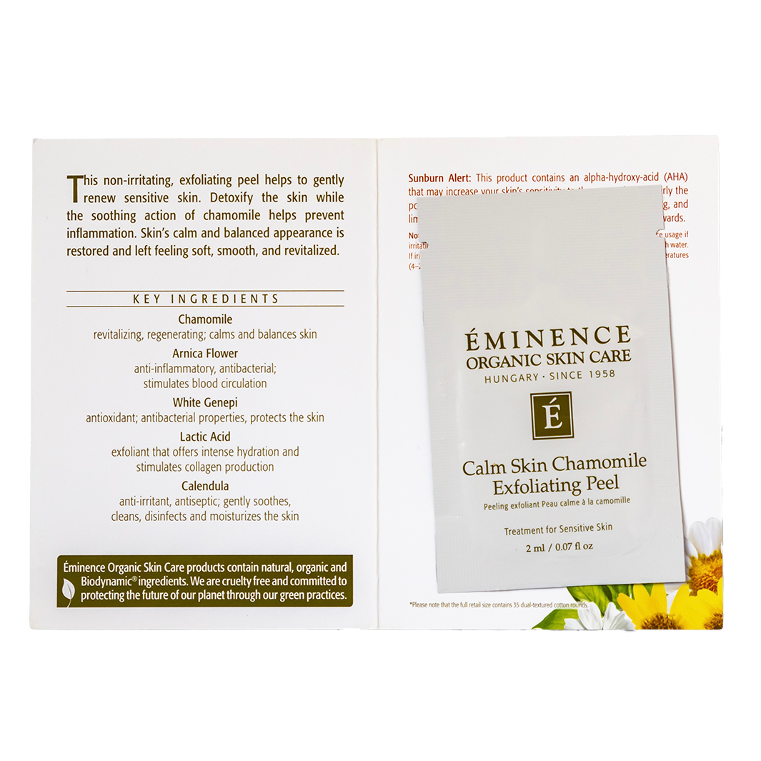 Eminence Organic Skin Care Calm Skin Chamomile Exfoliating Peel sample packaging with text and branding.