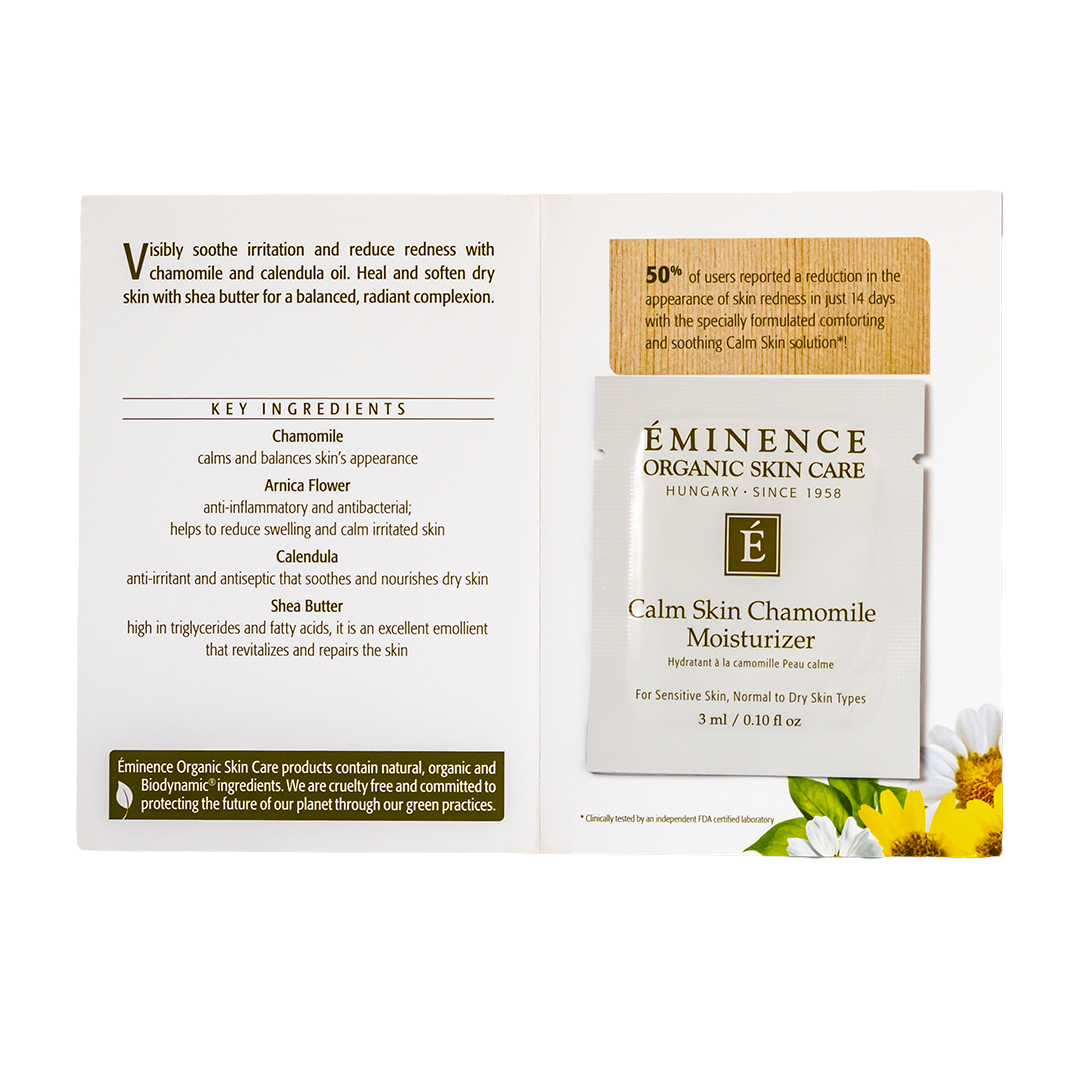  Eminence Organic Skin Care Calm Skin Chamomile Moisturizer sample packaging with ingredients list on a white background