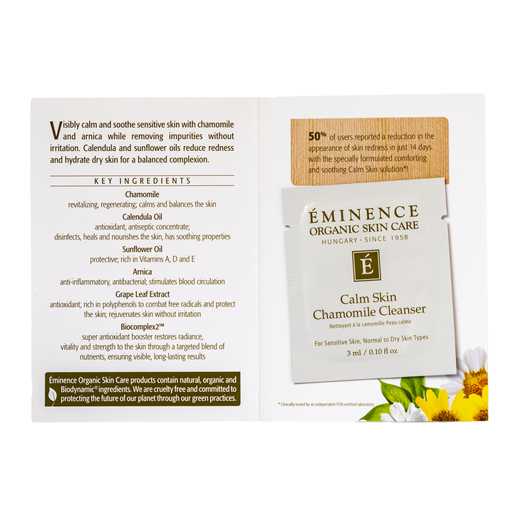 Eminence Organic Skin Care Calm Skin Chamomile Cleanser sample packaging with ingredients list on a white background