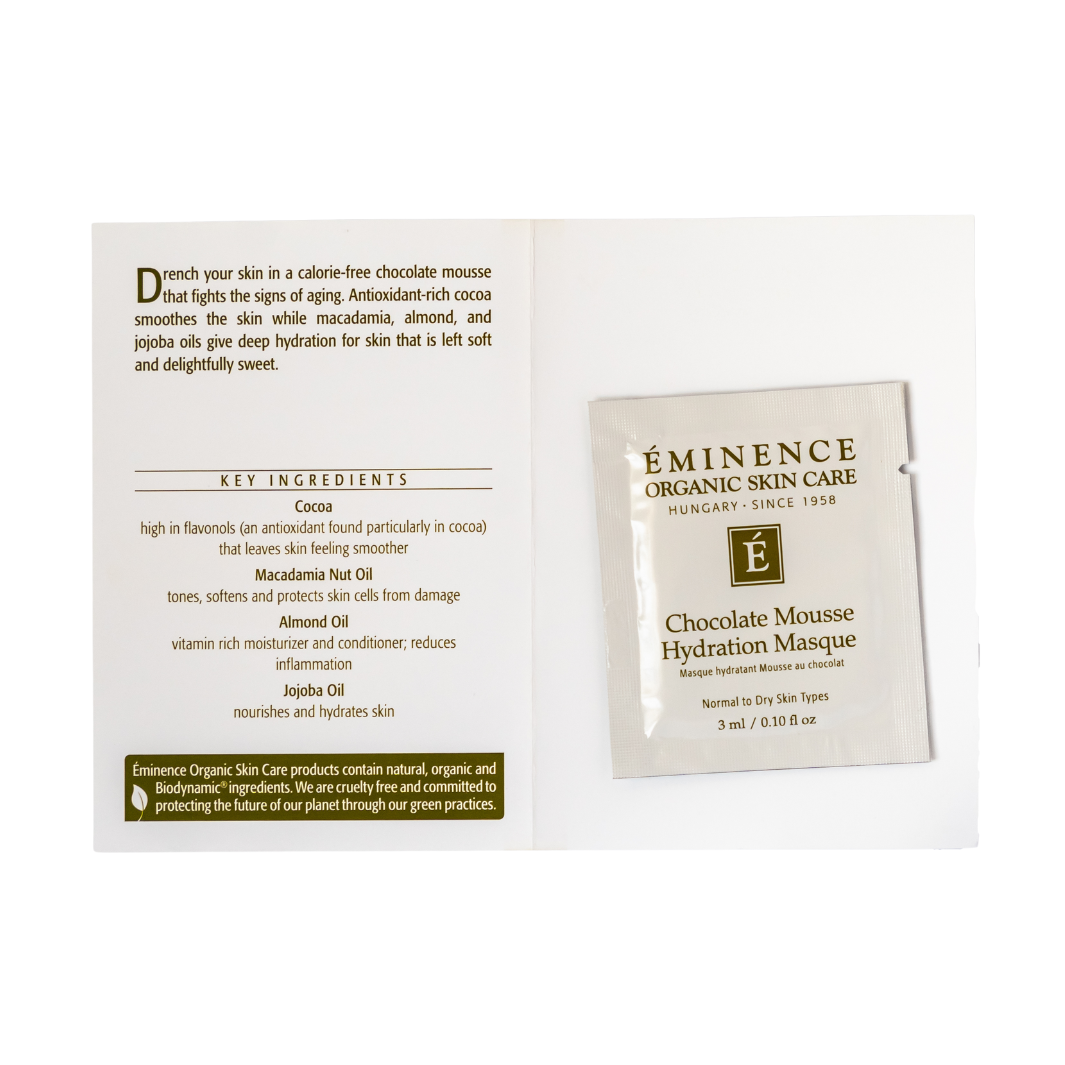 Eminence Organic Skin Care Chocolate Mousse Hydration Masque sample packet with ingredients list on a white background