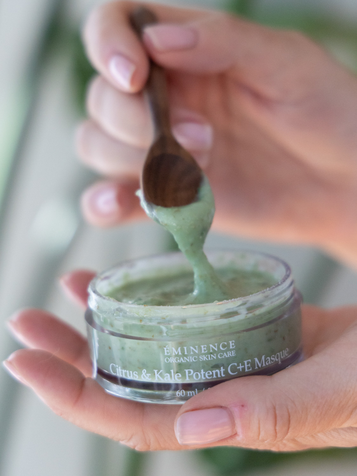 Eminence Organics Citrus &amp; Kale Potent C+E Masque with a spoon