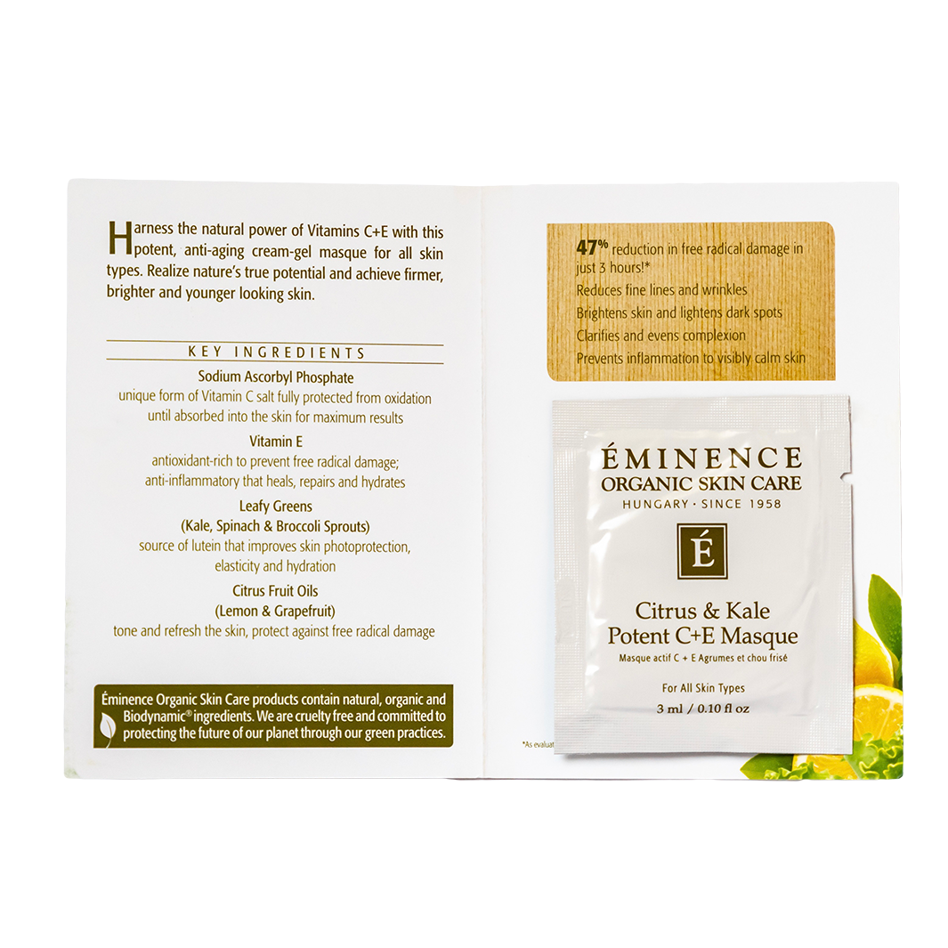 Eminence Organic Skin Care Citrus & Kale Potent C+E Masque sample packaging with ingredients list on a white background