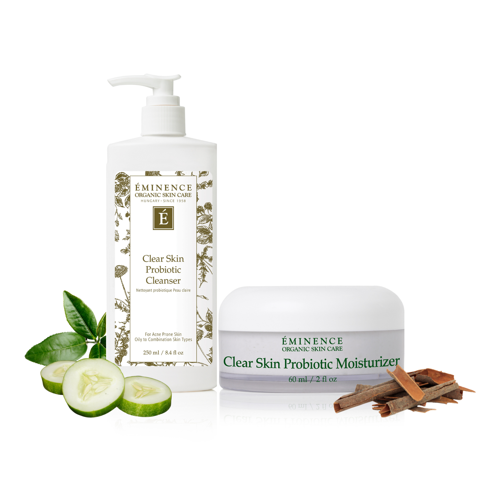 Eminence Organics Clear Complexion Duo products including a cleanser and moisturizer on a white background.