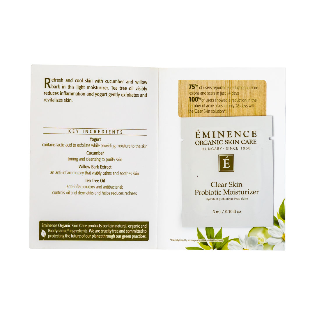  Eminence Organic Skin Care Clear Skin Probiotic Moisturizer sample packaging with key ingredients list on a white background