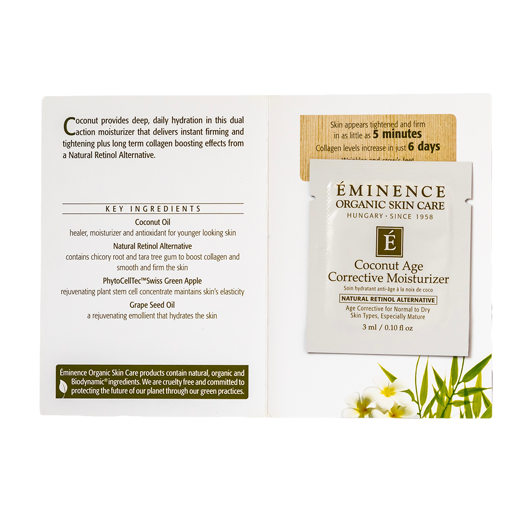 Emilence Organic Skin Care Coconut Age Corrective Moisturizer sample packaging with key ingredients list on a white background