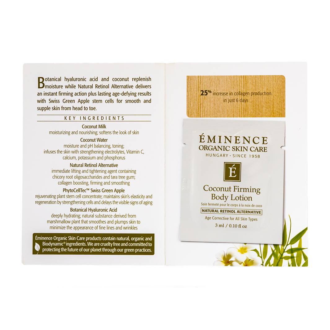 Eminence Organic Skin Care Coconut Firming Body Lotion sample size packaging with ingredients list on a white background