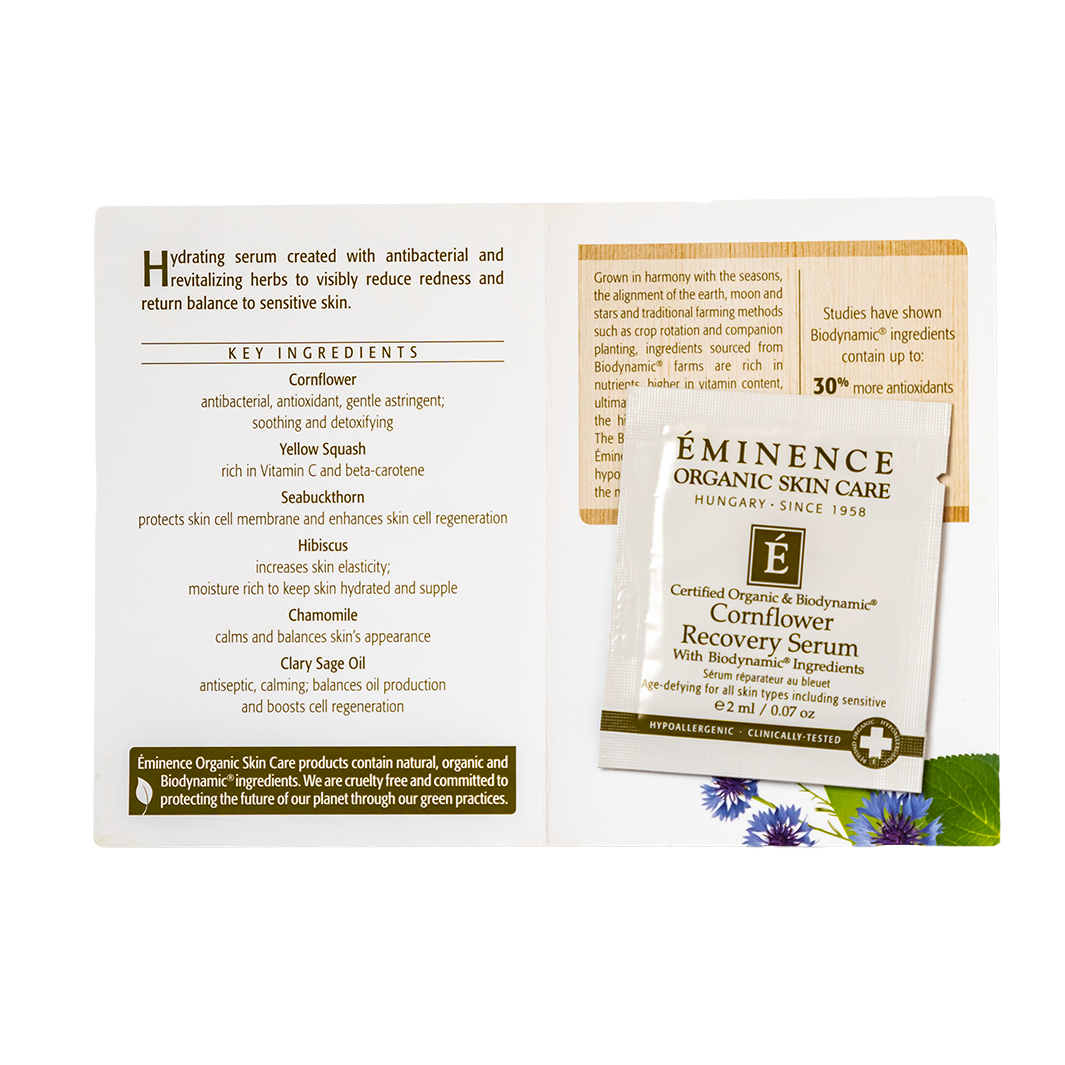 Eminence Organic Skin Care Cornflower Recovery Serum sample packaging with ingredients list on a white background