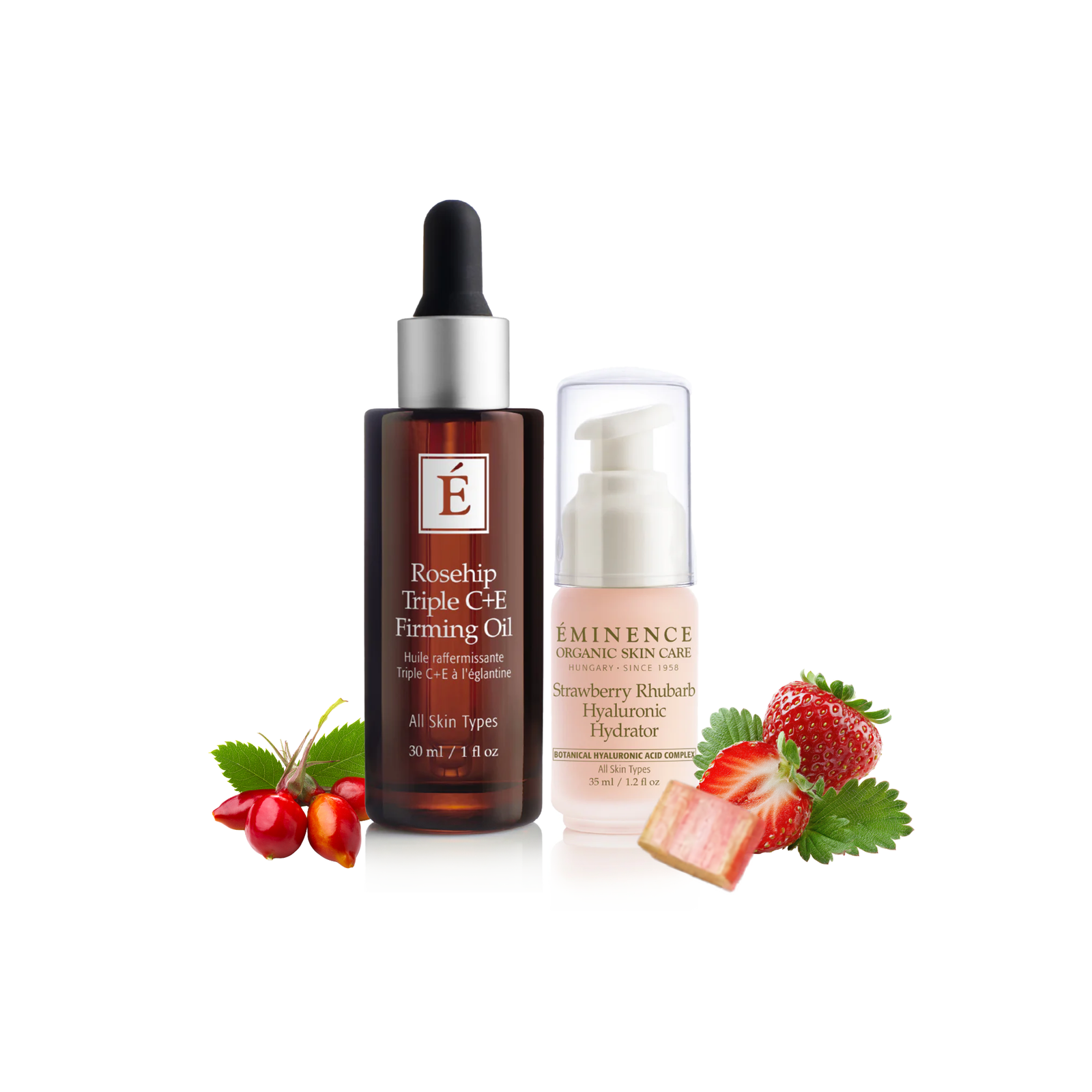 Eminence Organics Dewy Skin Duo with strawberry rhubarb elements on a white background