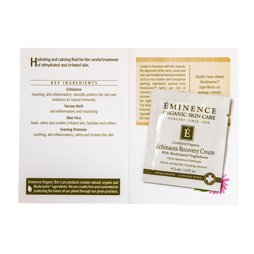 Eminence Organic Skin Care Echinacea Recovery Cream sample packaging with key ingredients list on a white background