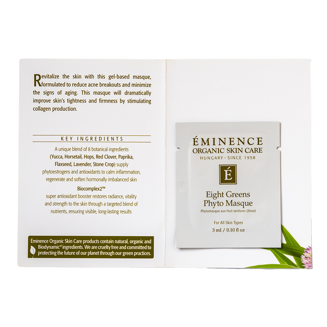 Eminence Organic Skin Care Eight Greens Phyto Masque sample packaging with key ingredients listed on a white background.