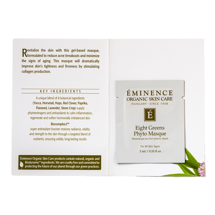 Eminence Organic Skin Care Eight Greens Phyto Masque sample packaging with key ingredients listed on a white background.