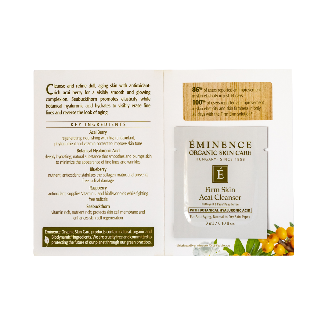 Eminence Organic Skin Care Firm Skin Acai Cleanser sample size packaging with ingredients list on a white background