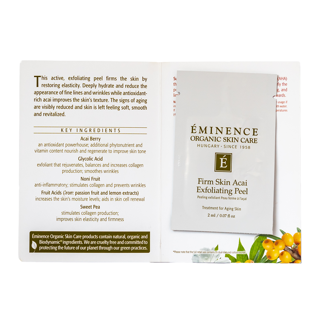 Eminence Organic Skin Care Firm Skin Acai Exfoliating Peel sample packaging with ingredients list on a white background