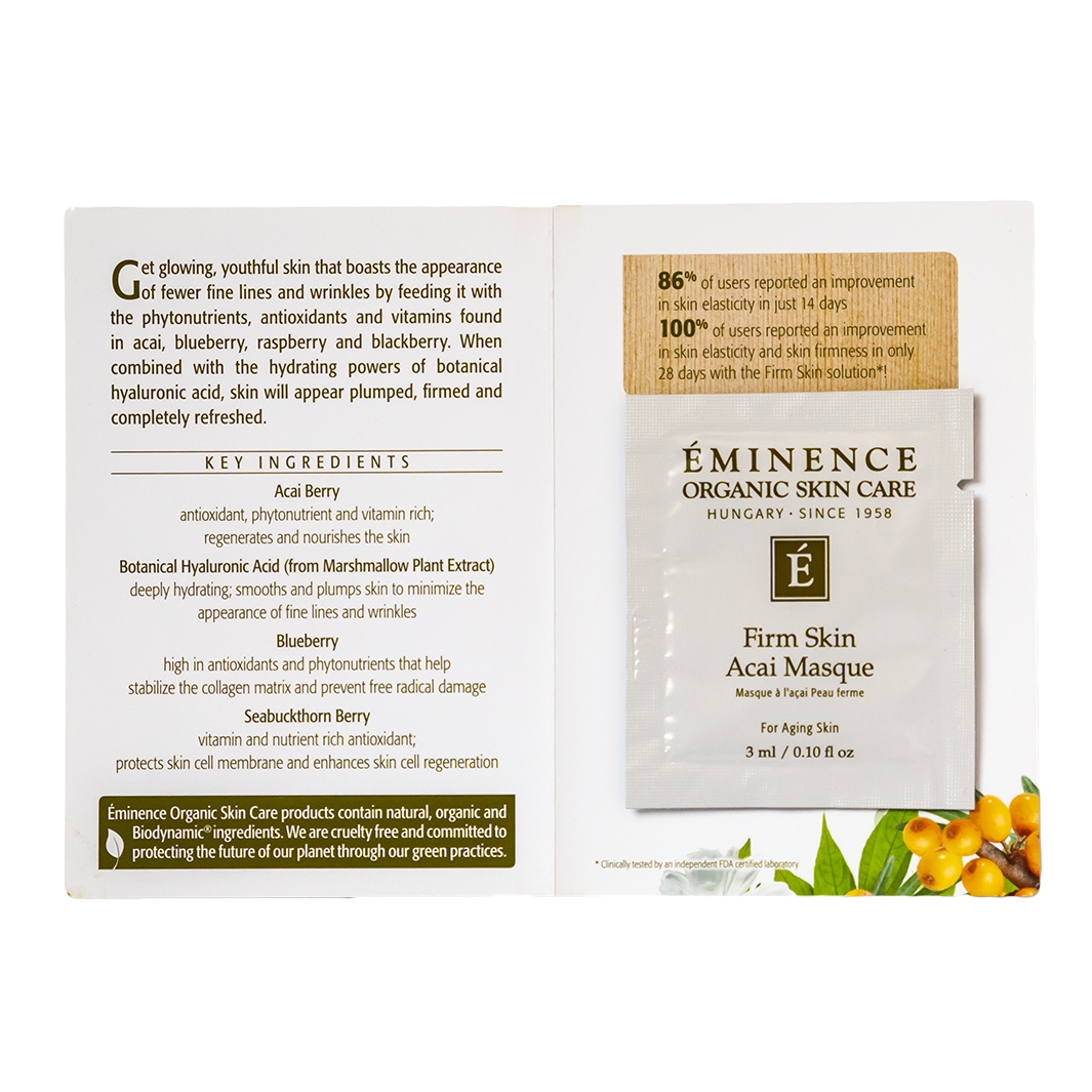 Eminence Organic Skin Care Firm Skin Acai Masque sample packaging with ingredients list on a white background