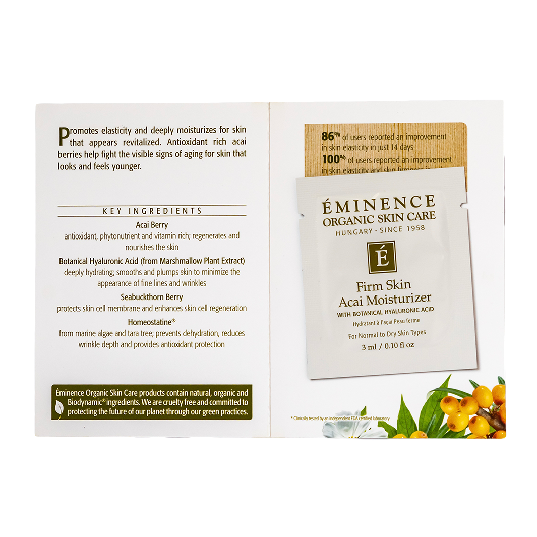 Eminence Organic Skin Care Firm Skin Acai Moisturizer sample packaging with ingredients list on a white background
