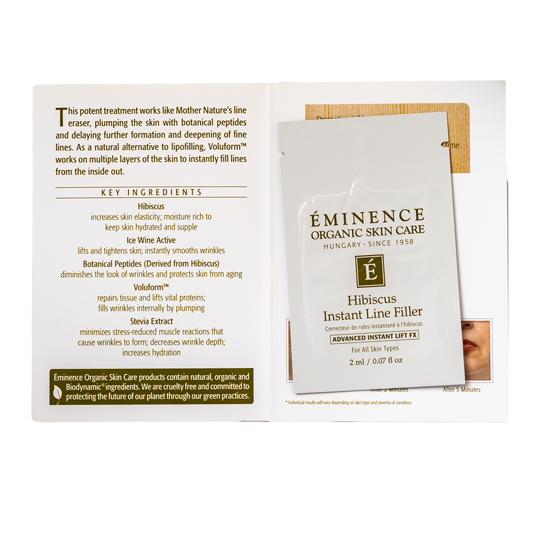 Eminence Organic Skin Care Hibiscus Instant Line Filler sample packaging with text on a white background