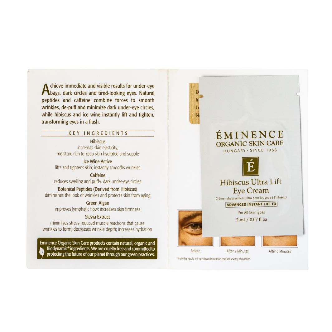 Éminence Organic Skin Care Hibiscus Ultra Lift Eye Cream sample packaging with ingredients list on a white background
