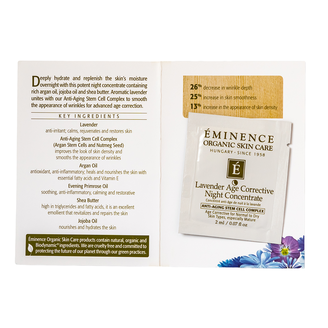 Eminence Organic Skin Care Lavender Age Corrective Night Concentrate sample packaging with ingredients list on a white background