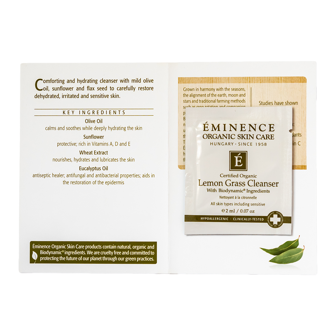 Éminence Organic Skin Care Lemon Grass Cleanser sample packaging with key ingredients list on a white background