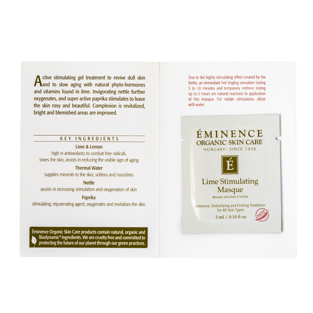 Eminence Organic Skin Care Lime Stimulating Masque sample packaging with ingredient list on a white background