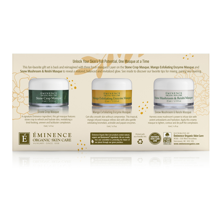 Eminence Organics Mix & Masque Trio: Refine & Restore Gift Set - Limited Edition opened with back facing products and descriptions