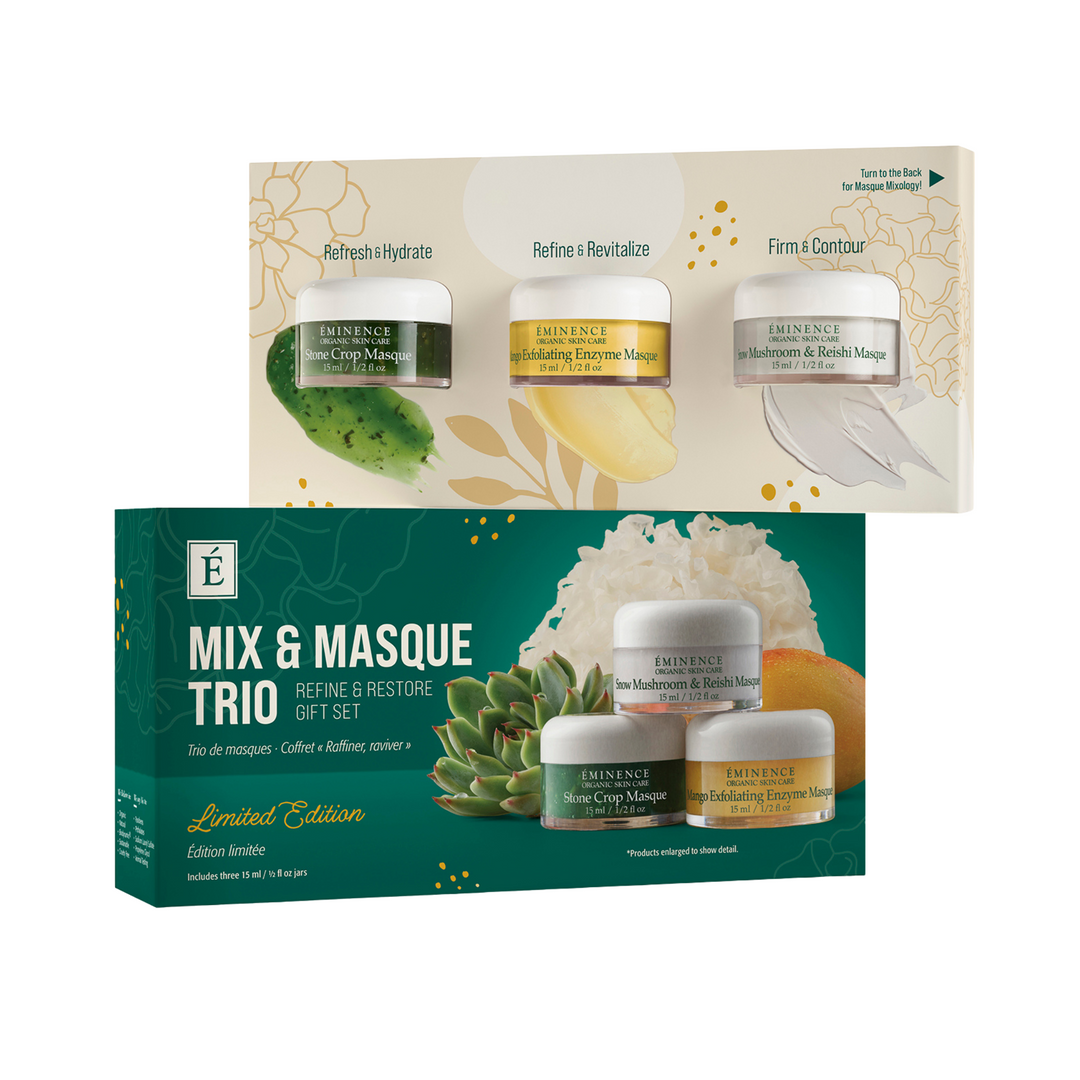 Eminence Organics Mix & Masque Trio: Refine & Restore Gift Set - Limited Edition stacked on top of each other on a white background