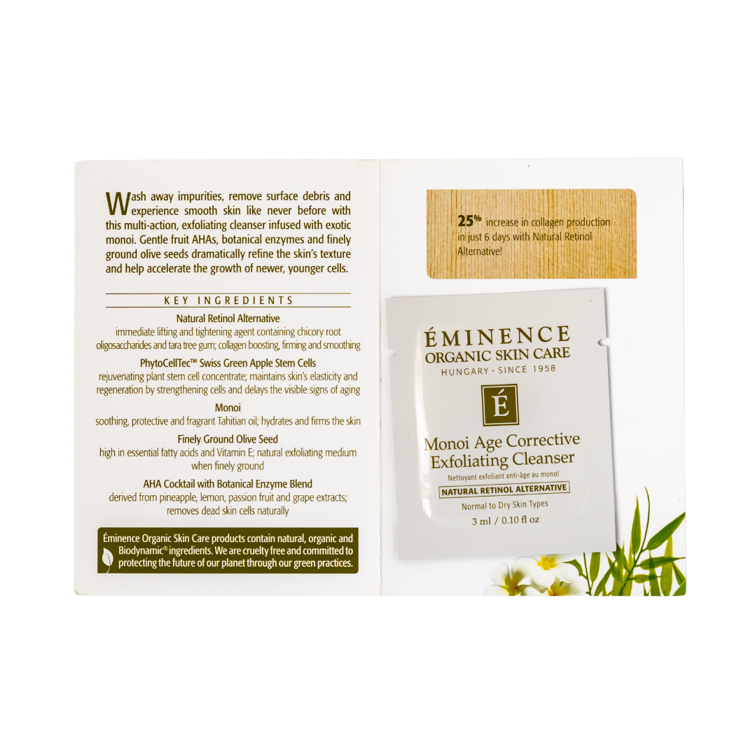 Eminence Organic Skin Care Monoi Age Corrective Exfoliating Cleanser sample packet with text and branding.