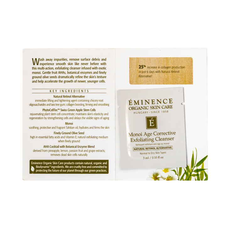 Eminence Organic Skin Care Monoi Age Corrective Exfoliating Cleanser sample packet with text and branding.