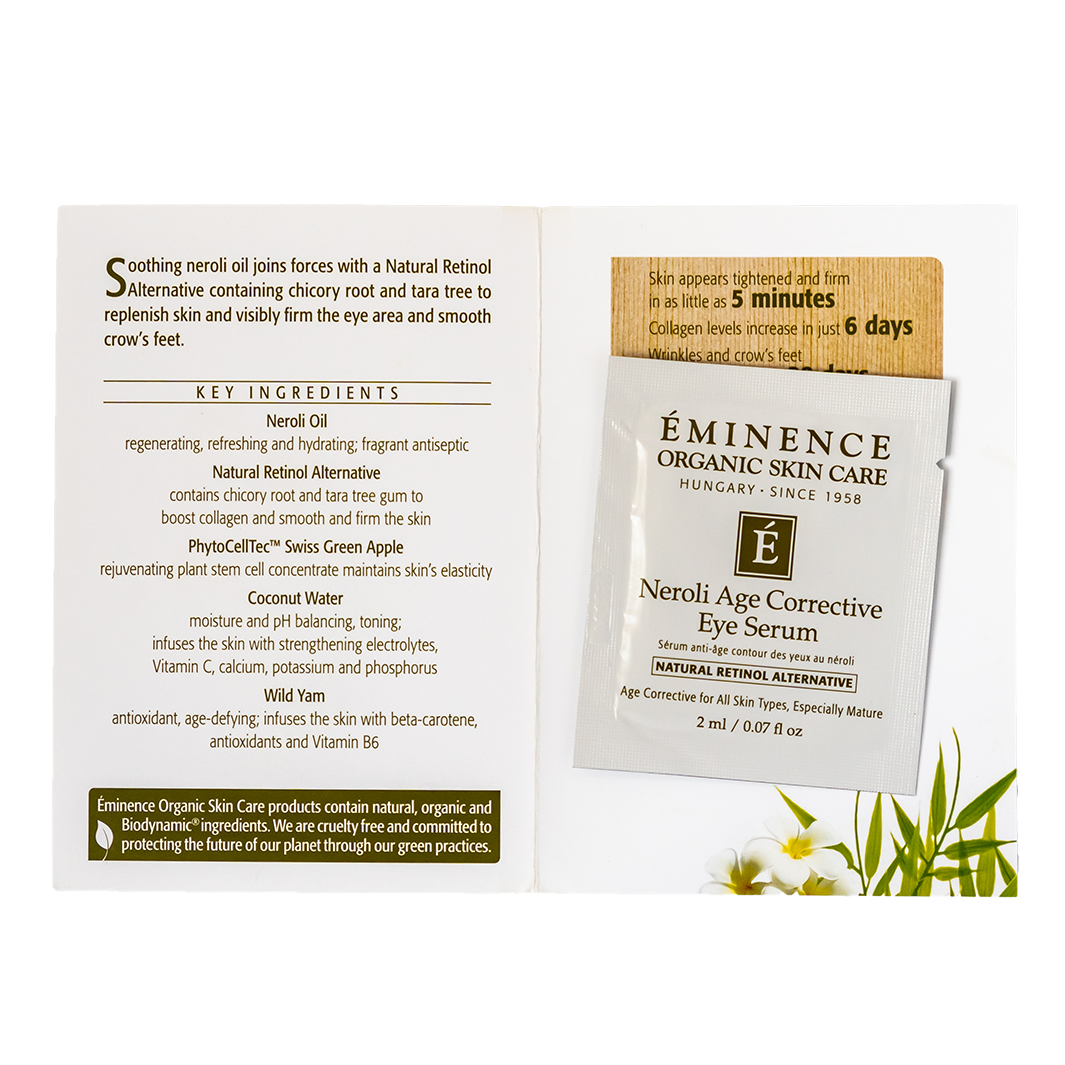 Eminence Organic Skin Care Neroli Age Corrective Eye Serum sample packaging with key ingredients list on a white background.