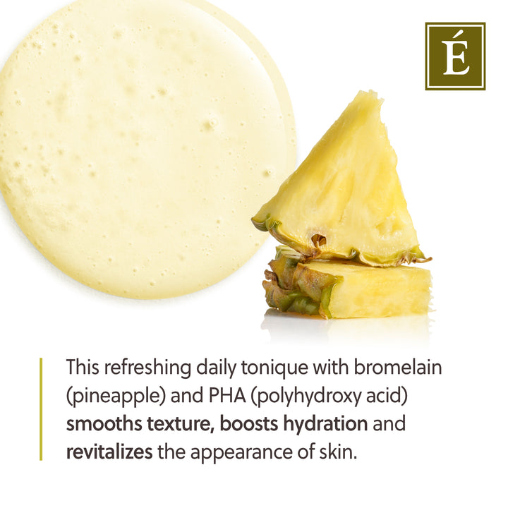 A close-up of a pale yellow creamy cosmetic texture next to sliced pineapple, with text describing a daily toning product containing bromelain and PHA, and a green square logo in the top right.