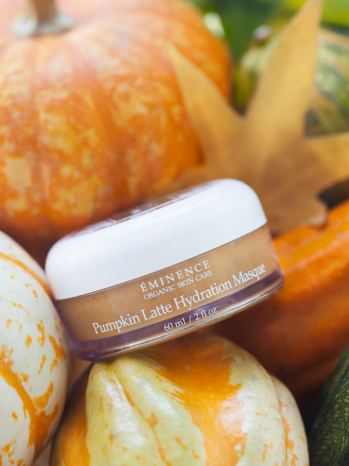 Jar of Eminence Pumpkin Latte Hydration Masque surrounded by pumpkins