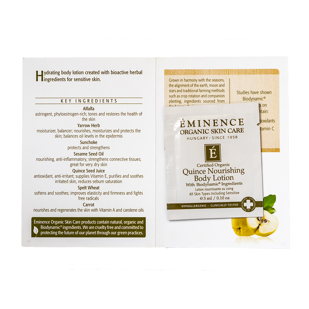Emeninse Organic Skin Care Quince Nourishing Body Lotion packaging with key ingredients list on a white background