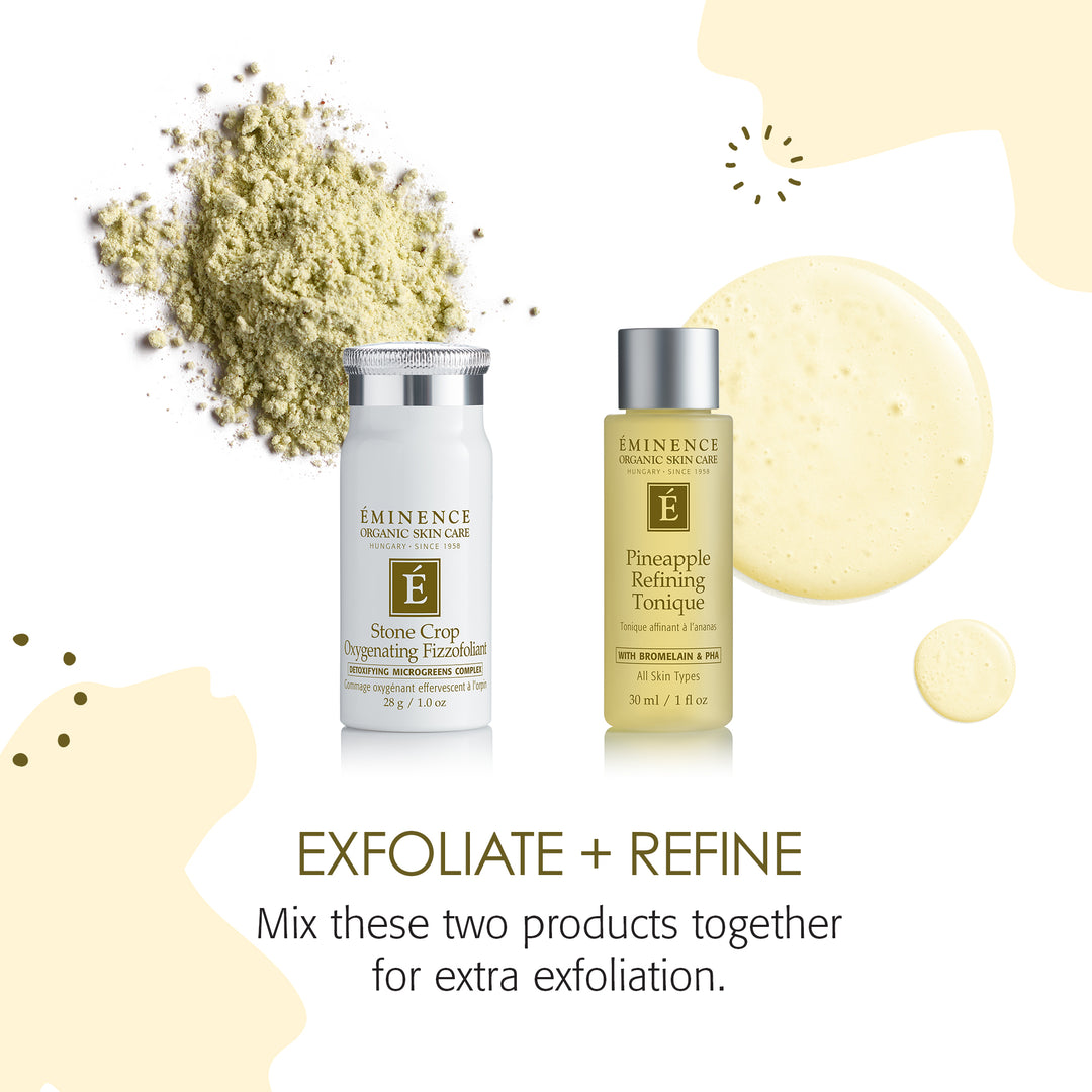 Eminence Organics Radiance Renewal Gift Set Limited Edition exfoliate and refine step with stone crop fizzofoliant and pineapple refining tonique