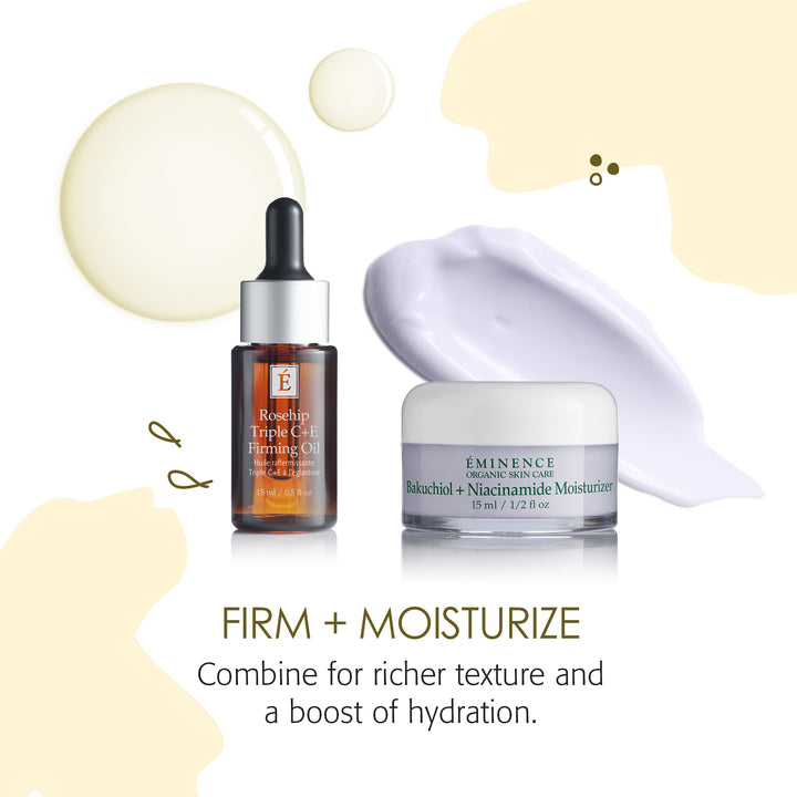 Eminence Organics Radiance Renewal Gift Set Limited Edition firm and moisturize step with rosehip triple C+E firming oil and bakuchiol and niacinamide moisturizer 