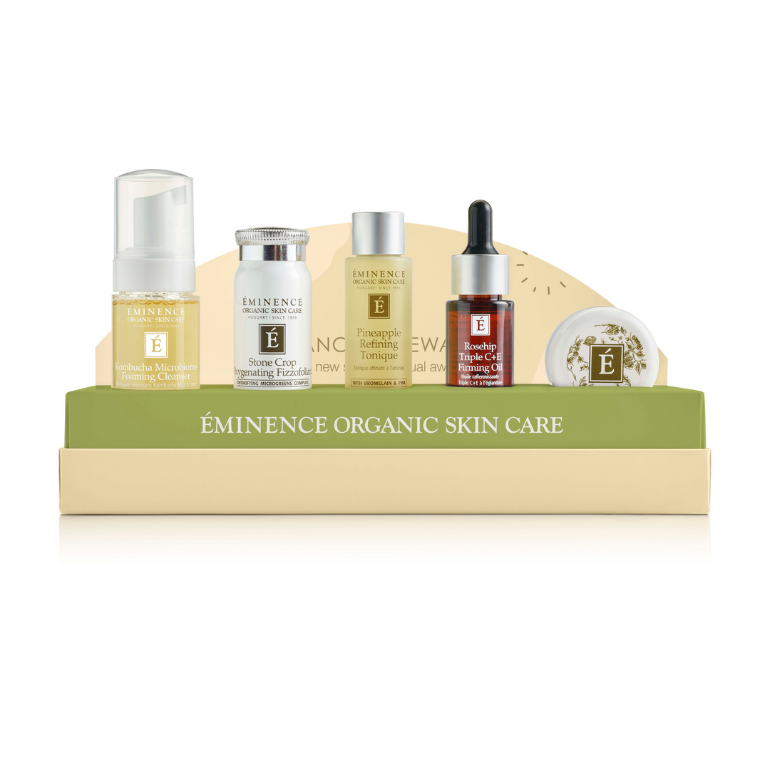 Eminence Organics Radiance Renewal Gift Set - Limited Edition opened showing individual products on a white background