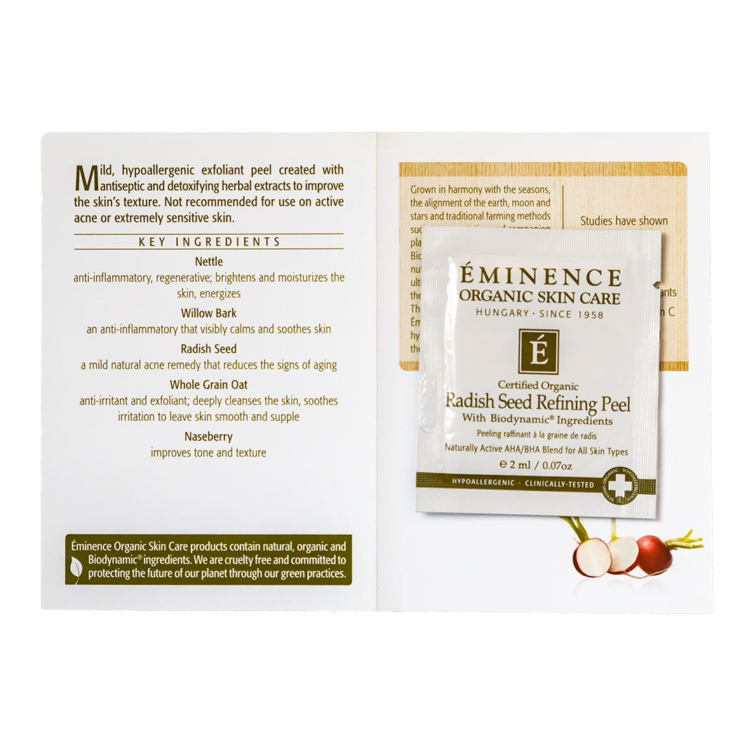 Éminence Organic Skin Care Radish Seed Refining Peel sample packaging with key ingredients list on a white background