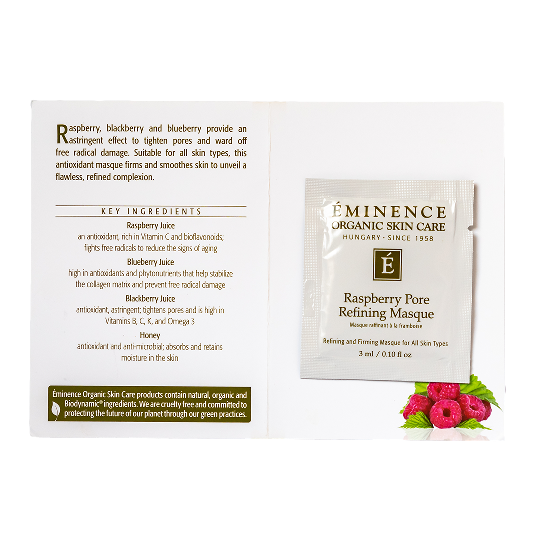 Eminence Organic Skin Care Raspberry Pore Refining Masque sample size packaging with ingredients list on a white background