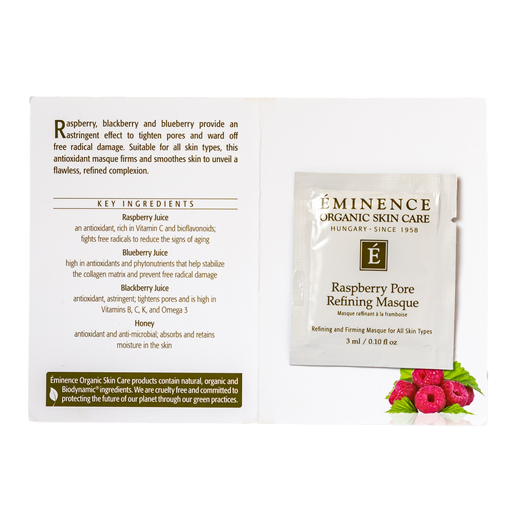 Eminence Organic Skin Care Raspberry Pore Refining Masque sample size packaging with ingredients list on a white background