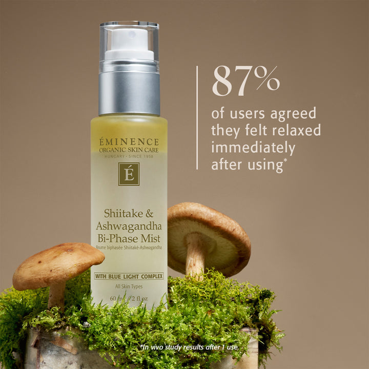 Eminence Organics Shiitake & Ashwagandha Bi-Phase Mist info graphic