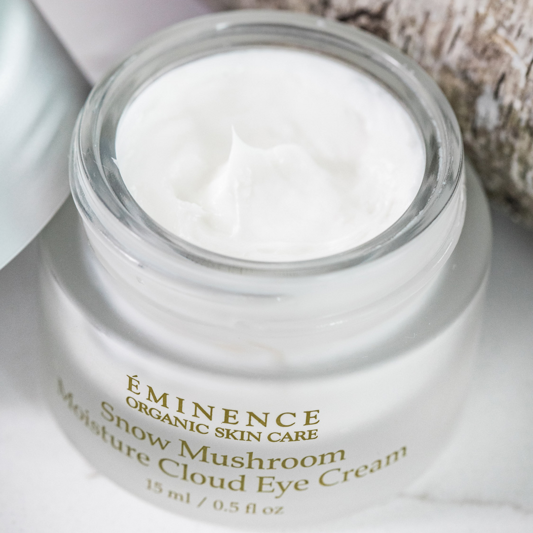 Eminence Organics Snow Mushroom Moisture Cloud Eye Cream open lifestyle imagery