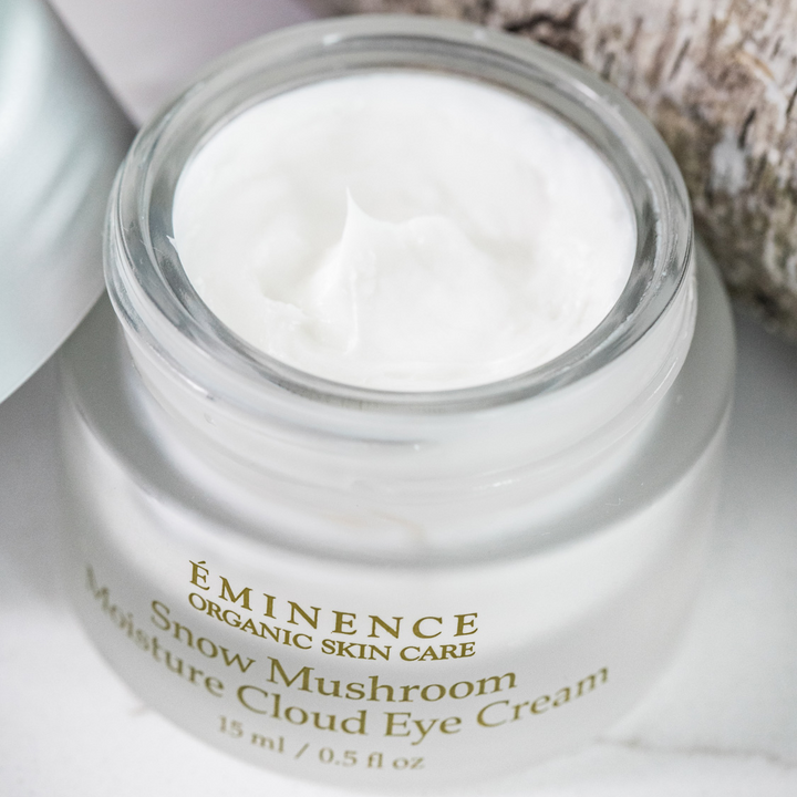 Eminence Organics Snow Mushroom Moisture Cloud Eye Cream open lifestyle imagery