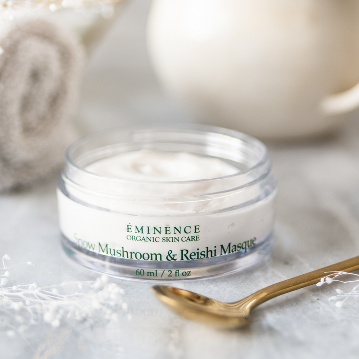 Eminence Organics Snow Mushroom &amp; Reishi Masque lifestyle imagery with a spoon