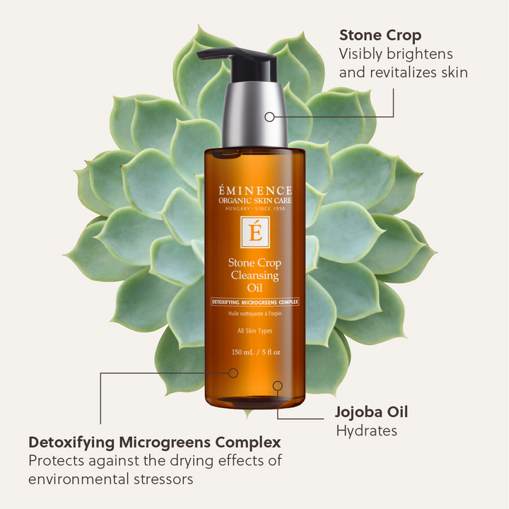 Eminence Organic Skin Care Stone Crop Cleansing Oil with succulent plant in the background
