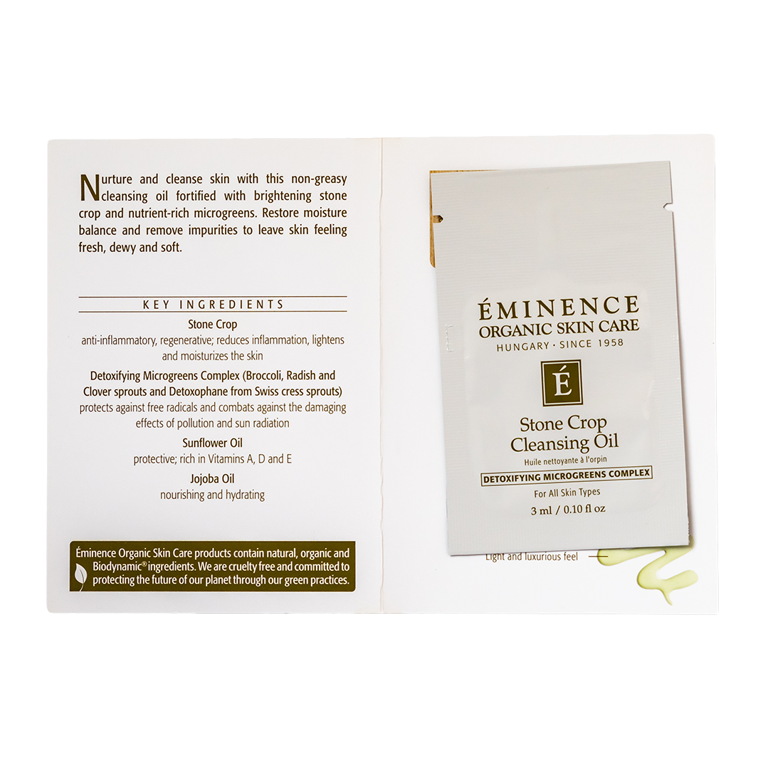 Eminence Organic Skin Care Stone Crop Cleansing Oil sample packaging with ingredients list on a white background